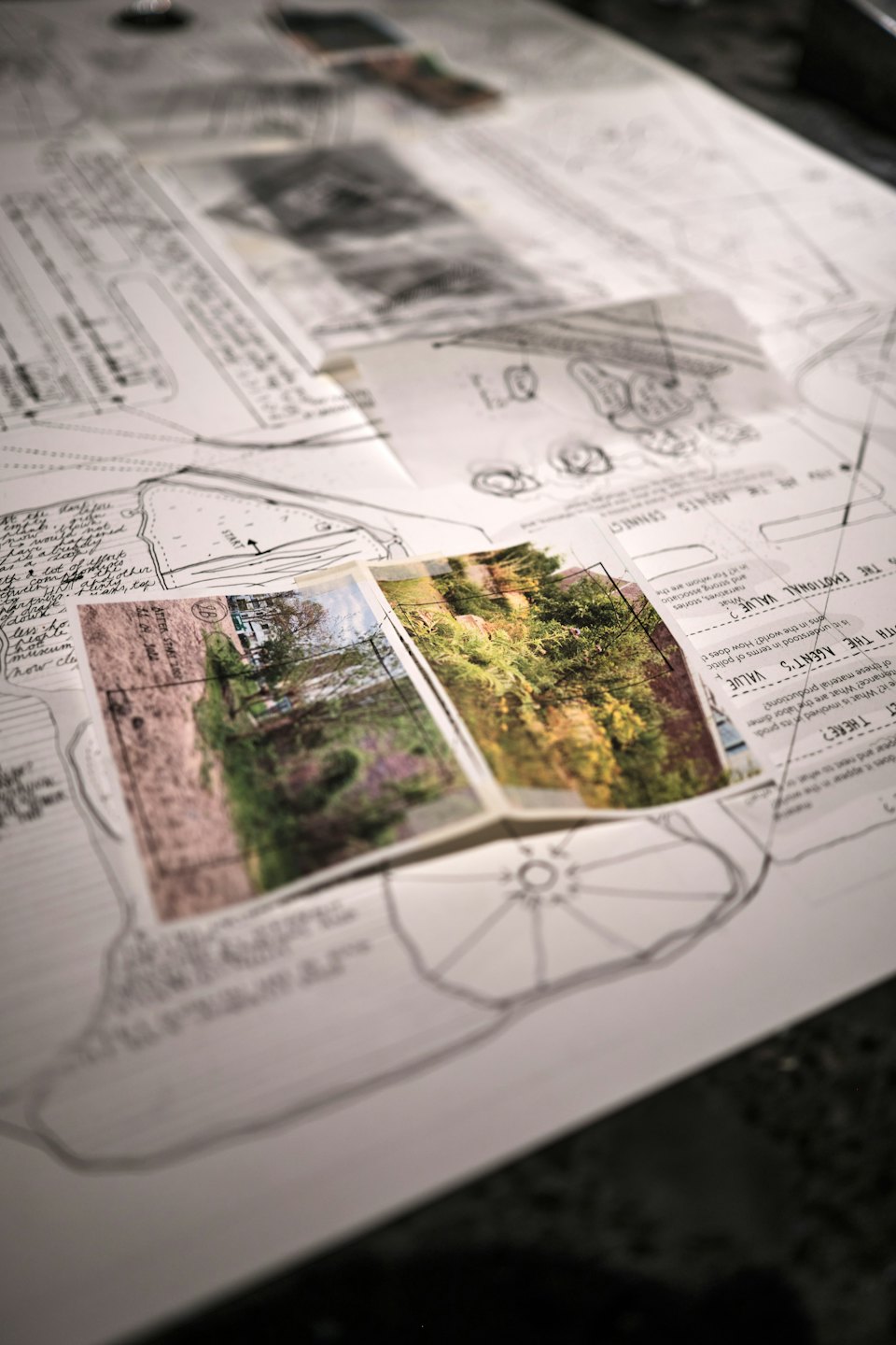 Architekturpläne und Fotos auf einem dunklen Schreibtisch ausgebreitet.